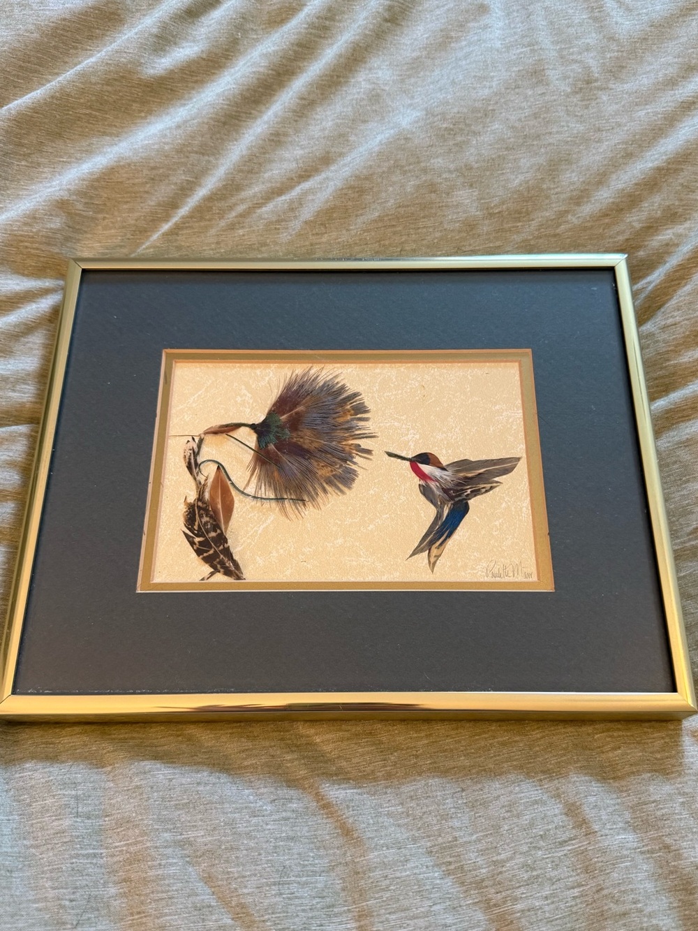 Framed signed Feather & Hummingbird Art Print - Black Mat, Gold Frame